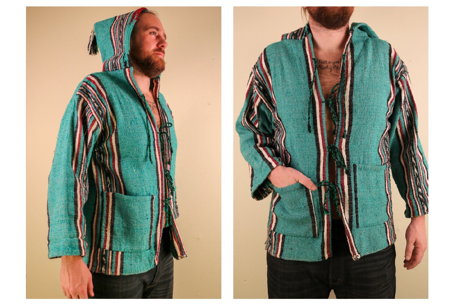 1960’s Teal and Maroon Hand Woven Long Sleeve Festival Jacket  with Tassel Hood