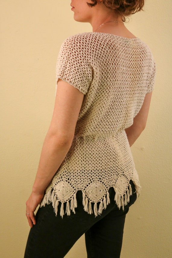 1960’s Cream Boho Open Knit Paradise Macrame Hipp… - image 3