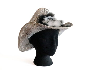 Vintage Silver Woven Cowboy Hat with Feather Band