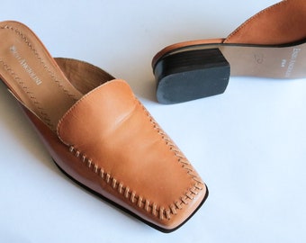 Vintage Italian Leather Stitch Detail Camel Colored Square Toed Slides Sandals Slip On