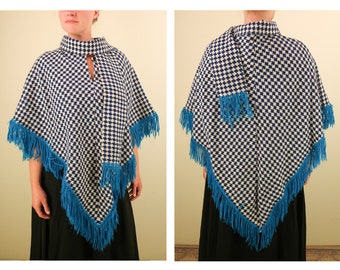 1960’s Blue and White Hounds tooth Cowl Neck Wrap Scarf Poncho with Fringe Houndstooth