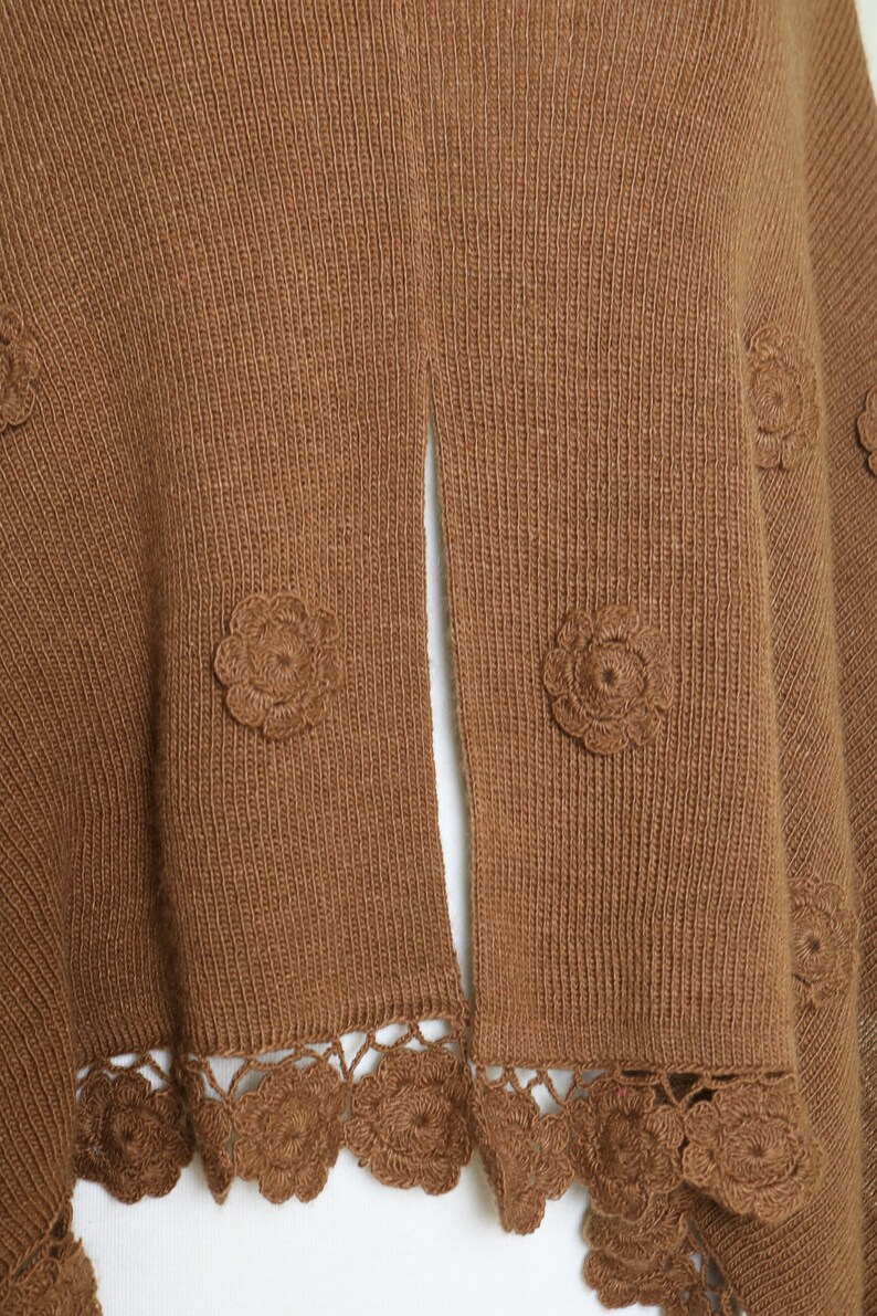 Brown Alpaca Knit Poncho with Floral Details