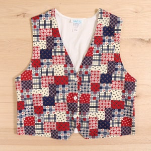 1990&#39;s Red, White & Blue Patchwork Pattern Vest
