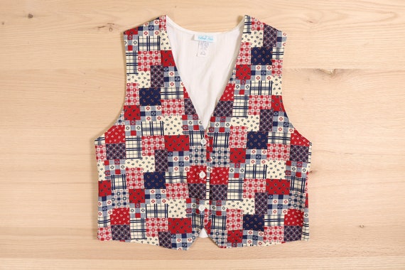 1990's Red, White & Blue Patchwork Pattern Vest - image 1
