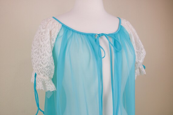 60’s Aqua Chiffon Negligee With Puff Lace Sleeves - image 4