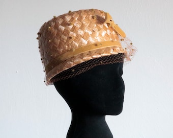 1960's Woven Straw Tall Pillbox Hat with Silk Velvet Bow and Netting