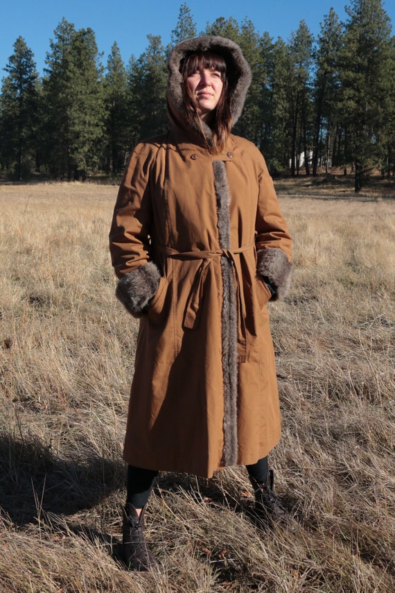 1960’s Brown Faux Fur Lined Hooded Trench Style Wi