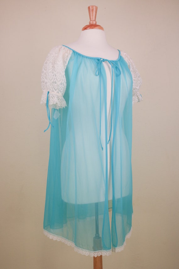 60’s Aqua Chiffon Negligee With Puff Lace Sleeves - image 2