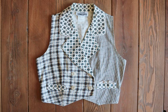 Vintage White and Patterned Linen Collared Double… - image 1