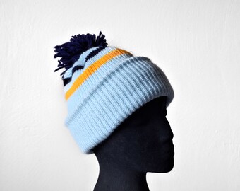 Vintage Rib Knit Light Blue Beanie with Pom