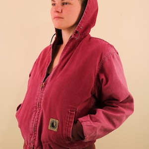 Red Purple Denim Distressed Bomber Jacket with Zipper Hood and Fleece Plaid Quilted Lining