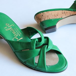 Vintage Green Leather Woven Cork Wedge Sandals