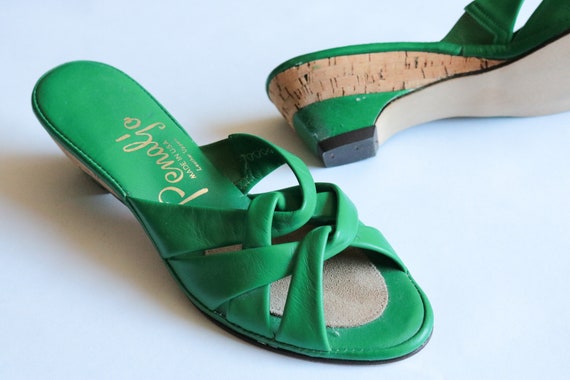 Vintage Green Leather Woven Cork Wedge Sandals - image 1