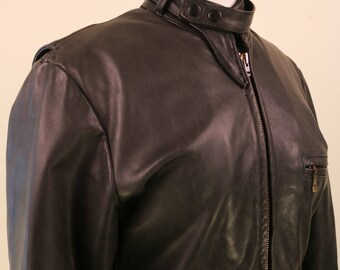 1970's Leather Motorcycle Jacket With Latch Collar and