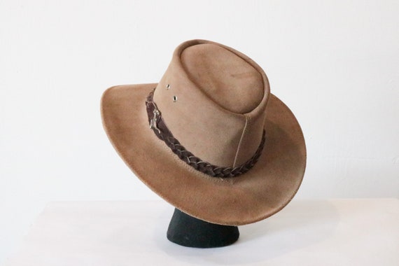 Vintage Light Brown Suede Leather Western Hat wit… - image 2