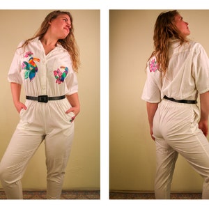 Vintage 1990’s White Jumpsuit with hand-painted Toucans and Hibiscus Flowers. Festival Raver Gardener