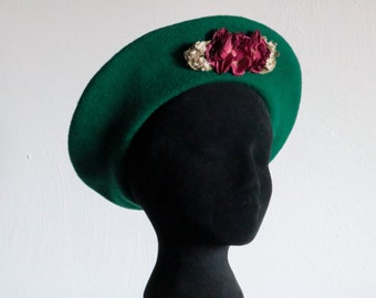 Vintage Green Beret with Silk Flower Embellishment