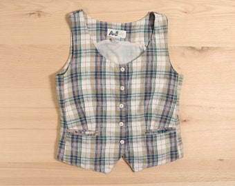 1990&#39;s Green and White Plaid Cotton Linen Vest