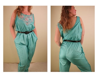 80’s Teal Sleeveless Romper Jumpsuit With Pink Ribbon and Pearl Details