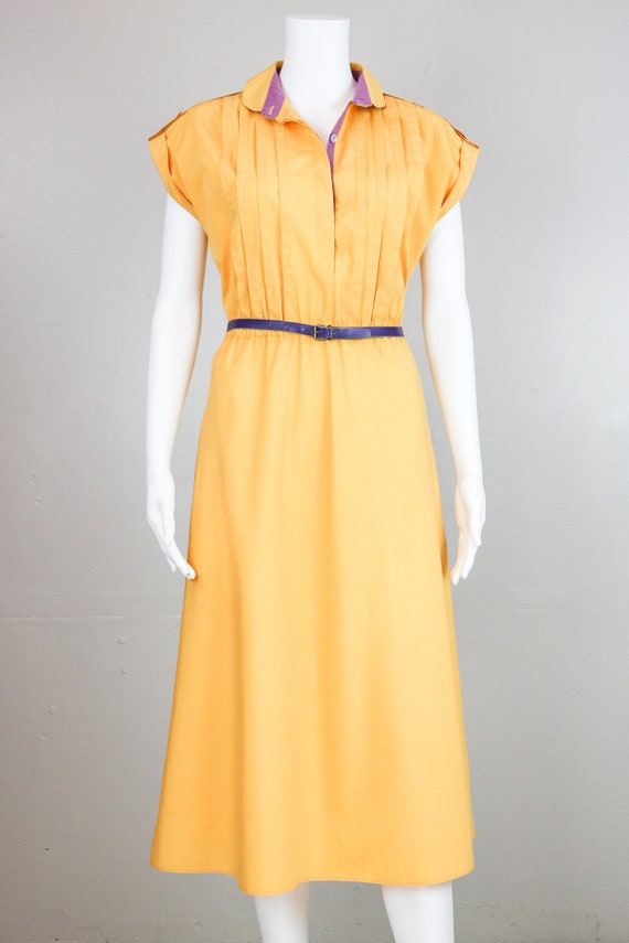 80's Yellow Collared Dress with Purple Detail & L… - image 2