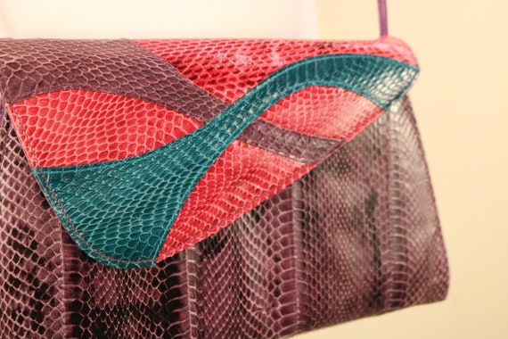 80's Purple and Pink Snake Skin Clutch Handbag An… - image 4