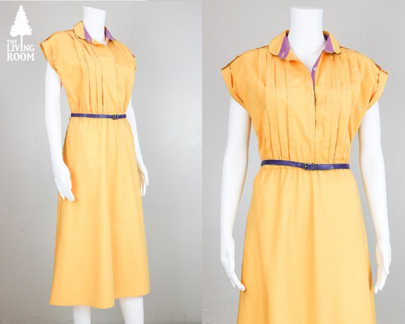 80's Yellow Collared Dress with Purple Detail & L… - image 1