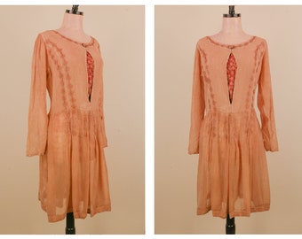 70's Tan Long Sleeve Embroidered Indian Viscose Dress