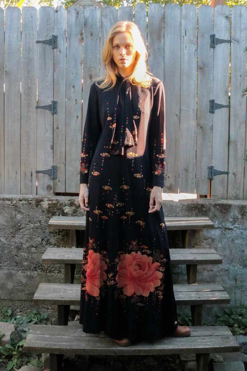 1960/'s Black Floral Printed Maxi Dress with Ascot Collar