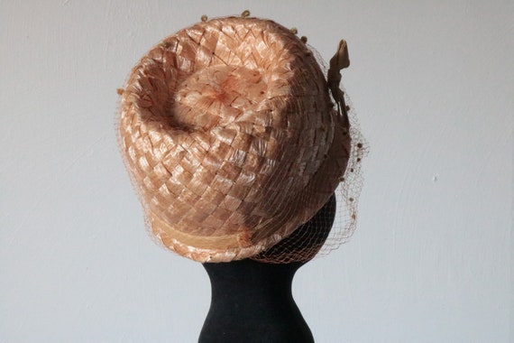 1960's Woven Straw Tall Pillbox Hat with Silk Vel… - image 2