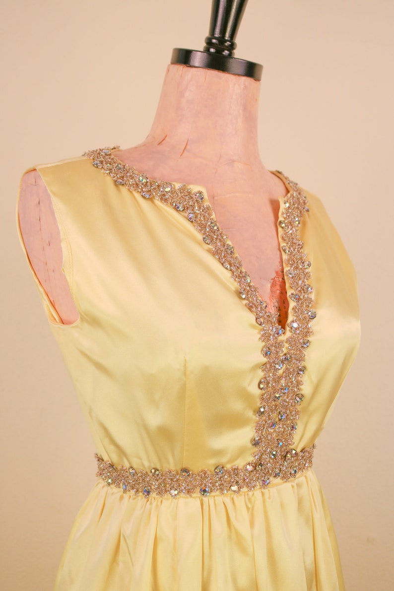 1950's Yellow With Rhinestone Empire Waist Satin Spring Formal Prom Dress Snow White image 8