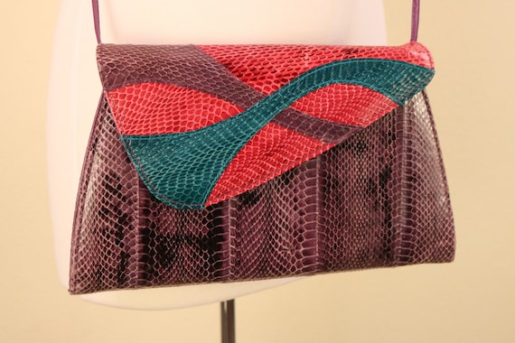 80's Purple and Pink Snake Skin Clutch Handbag An… - image 1