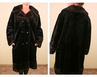 1970’s Black and Brown Faux Fur Double Breasted Long Winter Coat