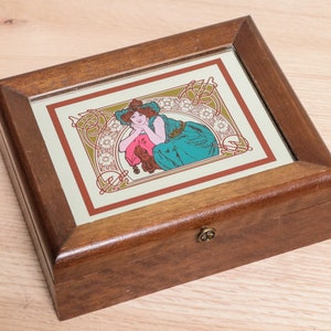Art Nouveau Style Wooden Trinket Box with Chartreuse Velvet Interior