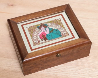 Art Nouveau Style Wooden Trinket Box with Chartreuse Velvet Interior