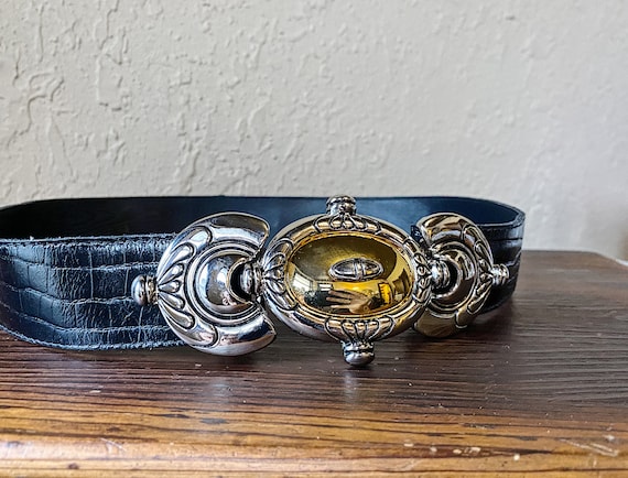 Vintage Gold-Tone (with silver details) Metal Link Statement Waist Belt Vintage Multi-metal Statement Belt: Gold & Silver Tube  main image 3