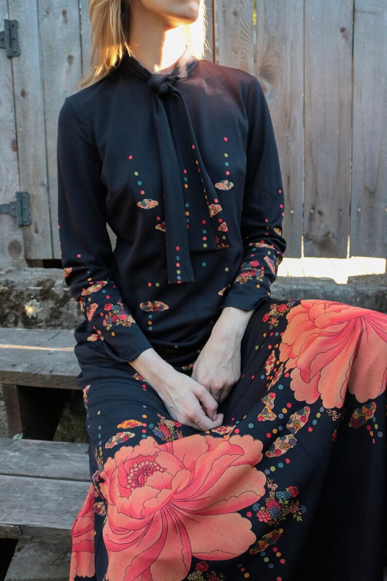 1960/'s Black Floral Printed Maxi Dress with Ascot Collar
