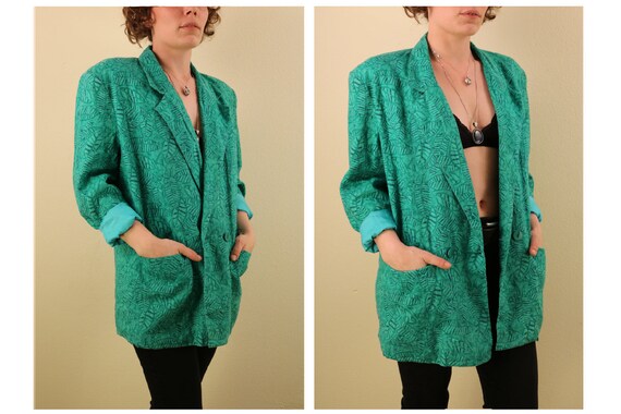 1980’s Unisex Green Leaf Patterned Linen Blazer Ta