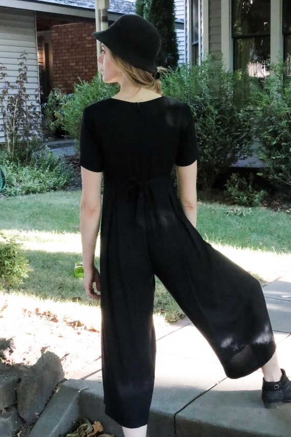 1990's Black Pleated Romper with White Ribbon Str… - image 3