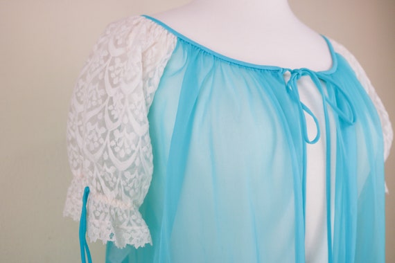 60’s Aqua Chiffon Negligee With Puff Lace Sleeves - image 5