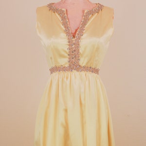 1950's Yellow With Rhinestone Empire Waist Satin Spring Formal Prom Dress Snow White image 4