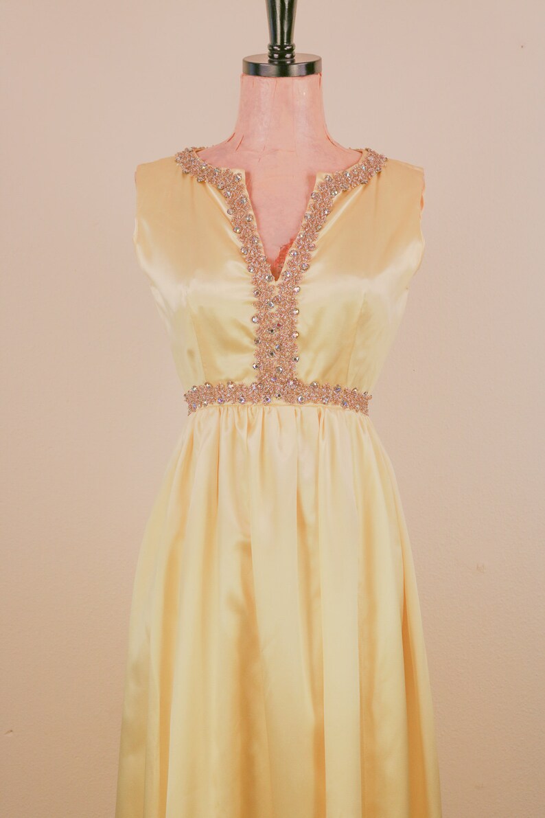1950's Yellow With Rhinestone Empire Waist Satin Spring Formal Prom Dress Snow White image 4