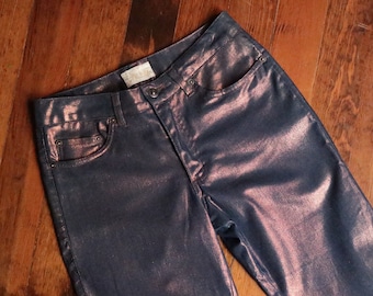 1990&#39;s Cache Metallic Copper and Blue Mid Rise Flare Rave Jeans