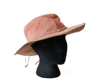 Vintage Light Pink Suede Leather Western Hat with Braided Leather Band and Silver and Gold Stud Detail