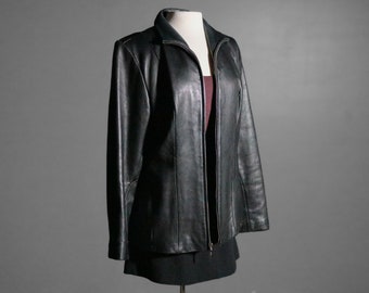 1990's Black Full Grain Leather Zip Up Collared Tailored Style Jacket Size XL