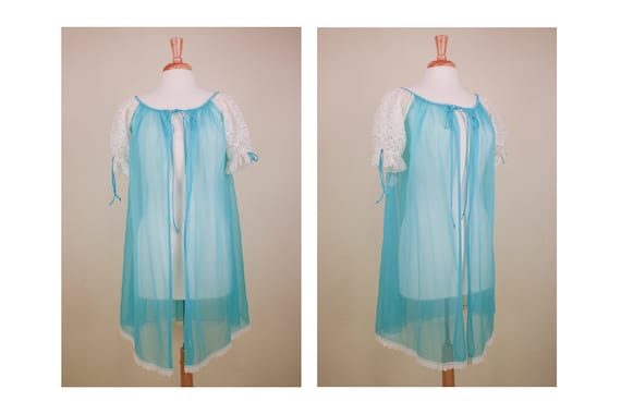 60’s Aqua Chiffon Negligee With Puff Lace Sleeves - image 1