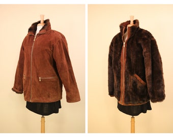 Vintage REVERSIBLE Chocolate Brown Suede and Faux Fur Jacket