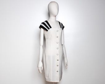 Vintage German White Linen Striped Cap Sleeve Viscose Linen Blend Dress