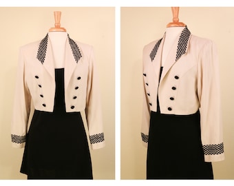 1980’s Cream and Black Double Breasted Bolero with Woven Collar and Cuffs