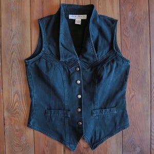 1990&#39;s Black Denim Unique Collared Button Up Vest with Concho Back Cinch Southwest Style