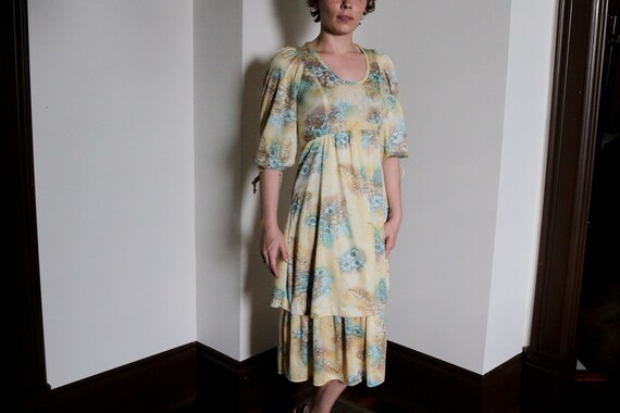 1970's Pastel Yellow and Blue Floral Print Dress - image 2
